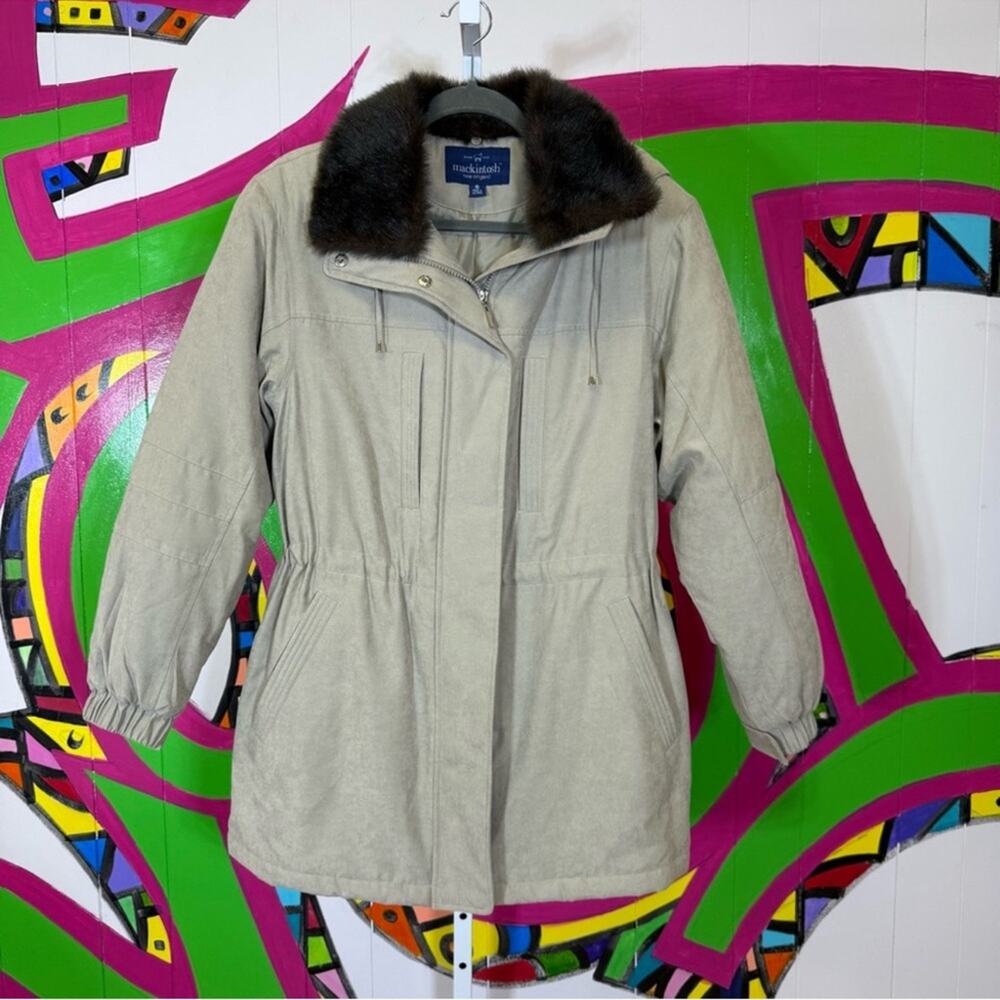 MacIntosh New England, Cream and Brown Coat with Plush Collar. Size Small.